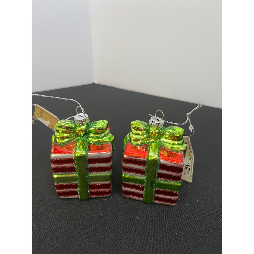 Direct Export Co Glass Gift Box Christmas Ornaments Red Green Striped Set of 2 - Picture 1 of 8